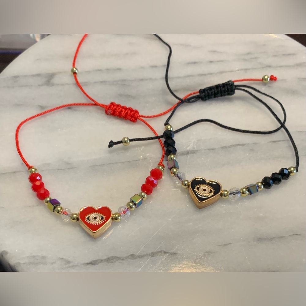 (2) Heart Evil Eye String and bead Bracelets